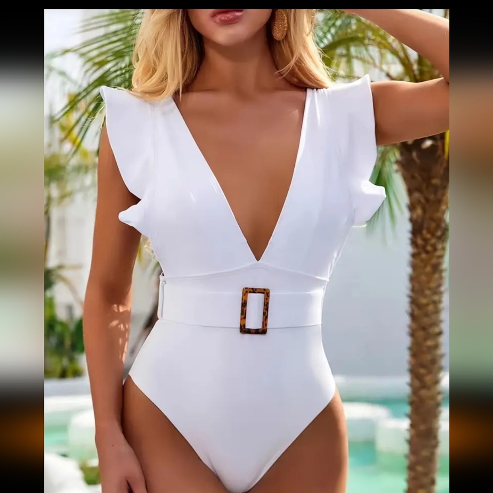 White Ruffle V-Neck Swimsuit NWOT